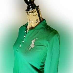 Ralph Lauren Beaded Big Pony Blue Label Green Long Sleeve Polo Girls L 12/14